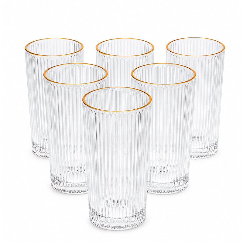 6 Vasos Vidrio Acanalado Borde Dorado 335ml Para Bebidas