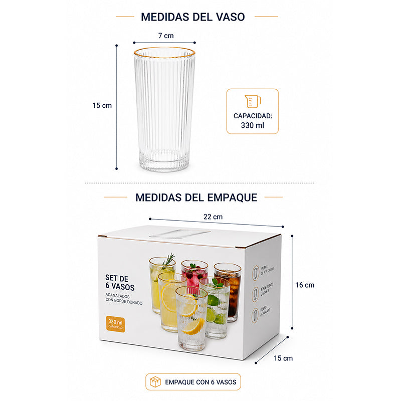 6 Vasos Vidrio Acanalado Borde Dorado 335ml Para Bebidas