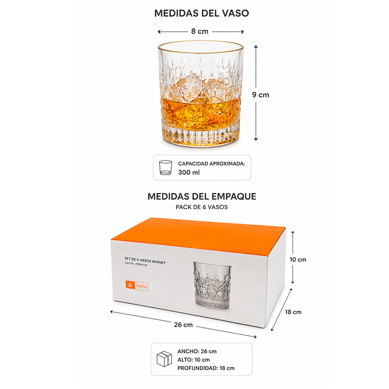 Pack 6 Vasos Elegante De 300ml Para Whisky, Escoces O Ron