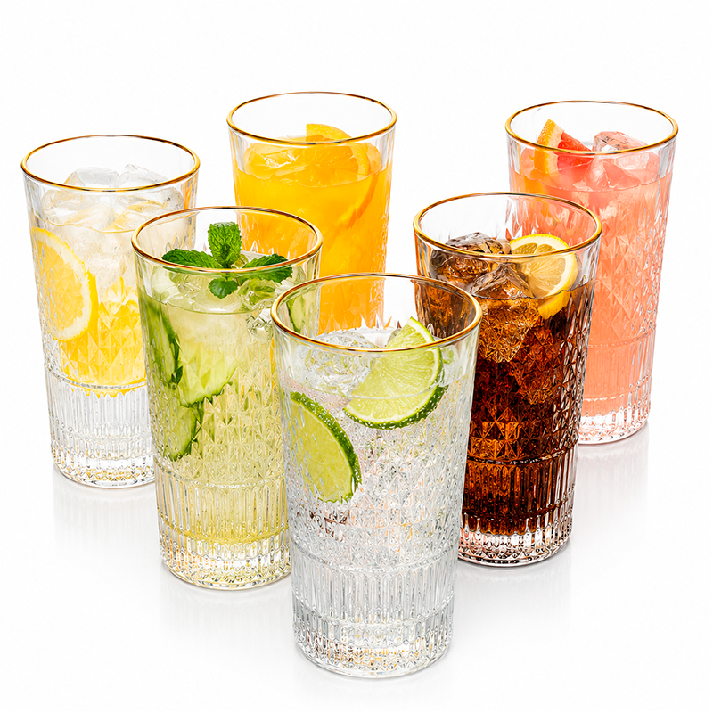 Pack 6 Vasos Premium Altos De Cristal Con Borde Dorado 335ml