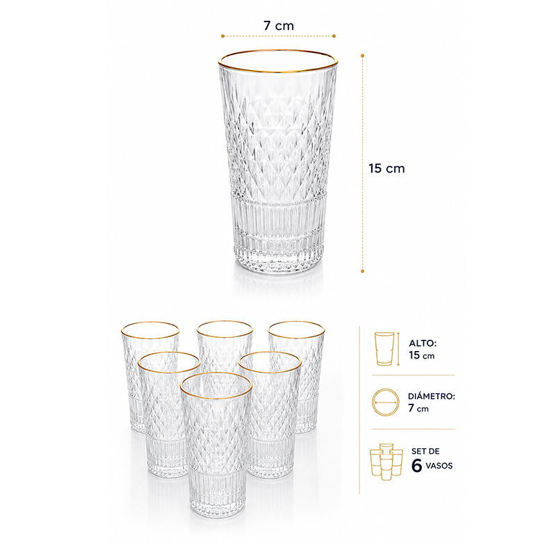 Pack 6 Vasos Premium Altos De Cristal Con Borde Dorado 335ml