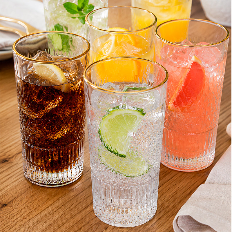 Pack 6 Vasos Premium Altos De Cristal Con Borde Dorado 335ml