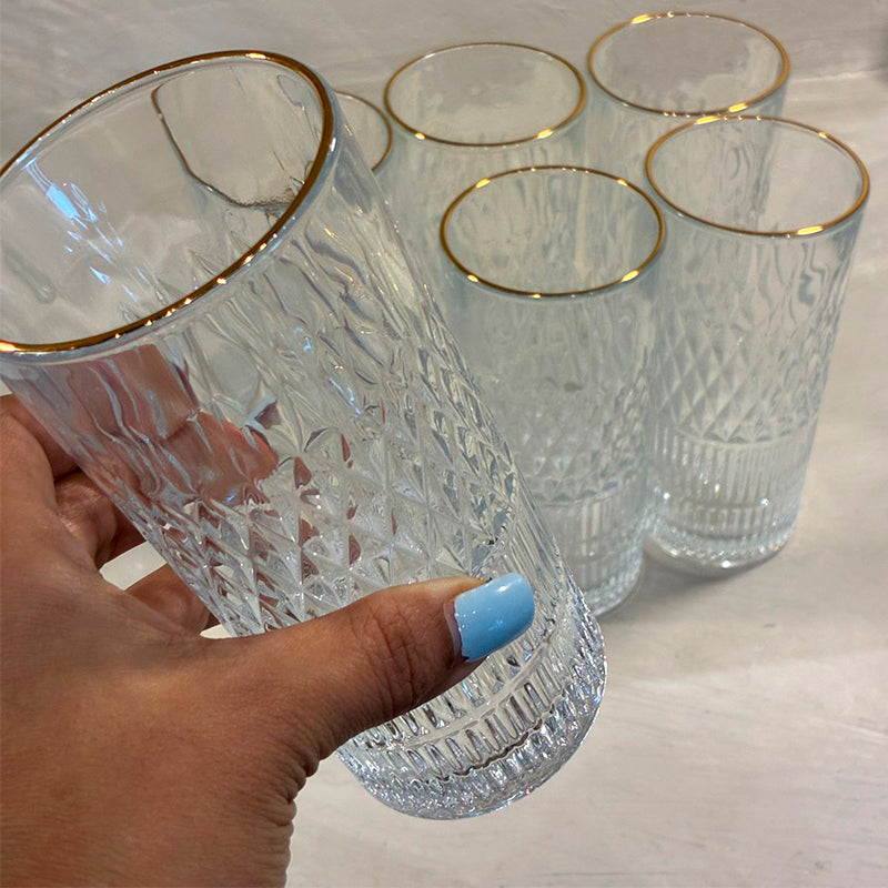 Pack 6 Vasos Premium Altos De Cristal Con Borde Dorado 335ml