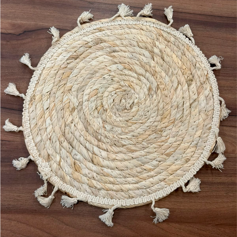 Individual Trenzado Mantel Redondo De 38cm Ratan Natural con Borlas