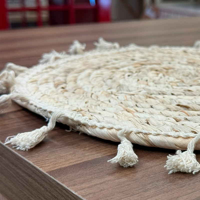 Individual Trenzado Mantel Redondo De 38cm Ratan Natural con Borlas