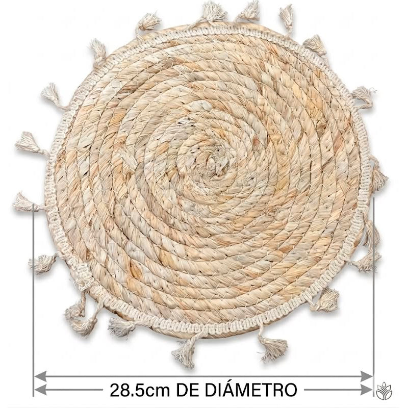 Individual Trenzado Mantel Redondo De 38cm Ratan Natural con Borlas