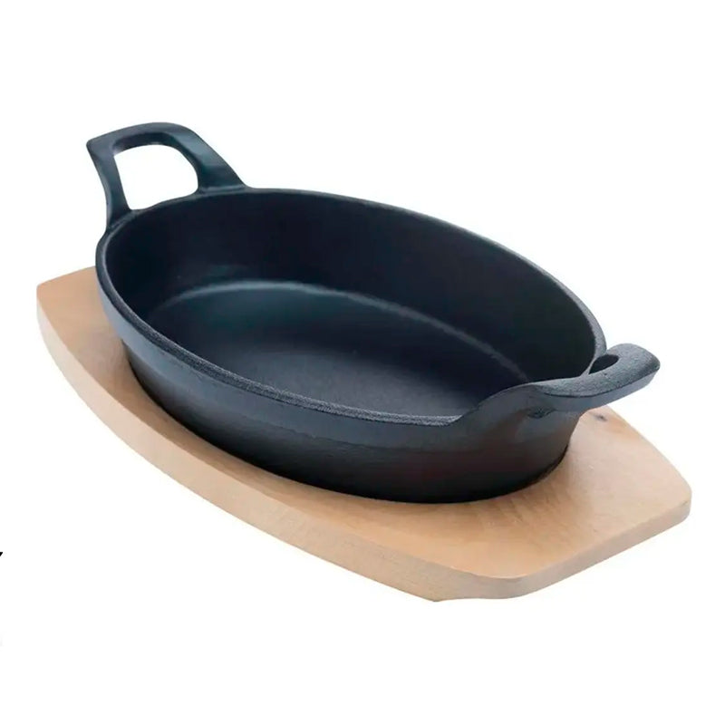 Sarten Hierro Fundido Antiadherente con Asas y Base de Madera