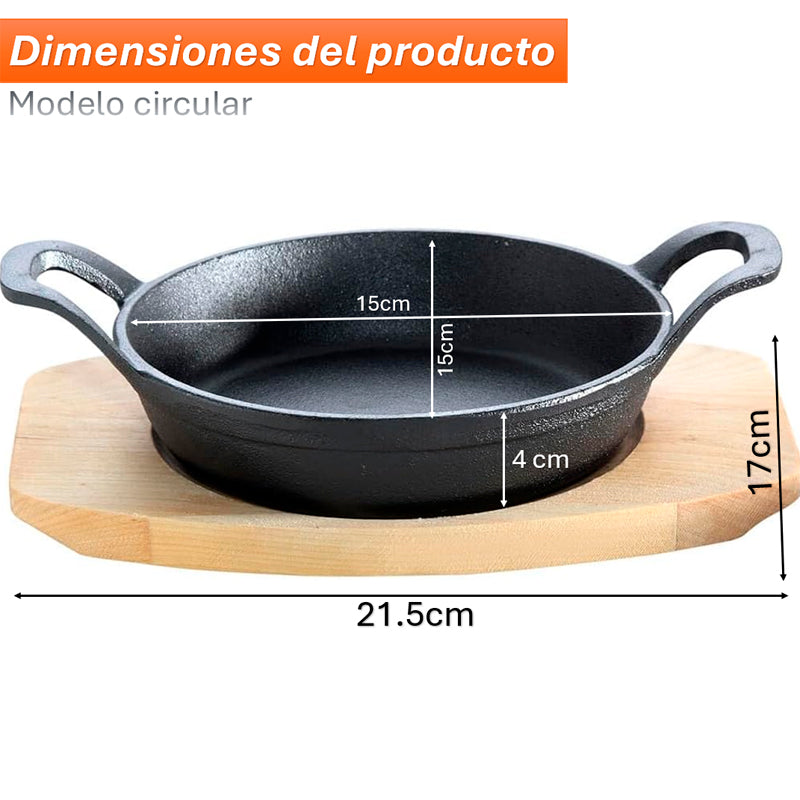 Sarten Hierro Fundido Antiadherente con Asas y Base de Madera
