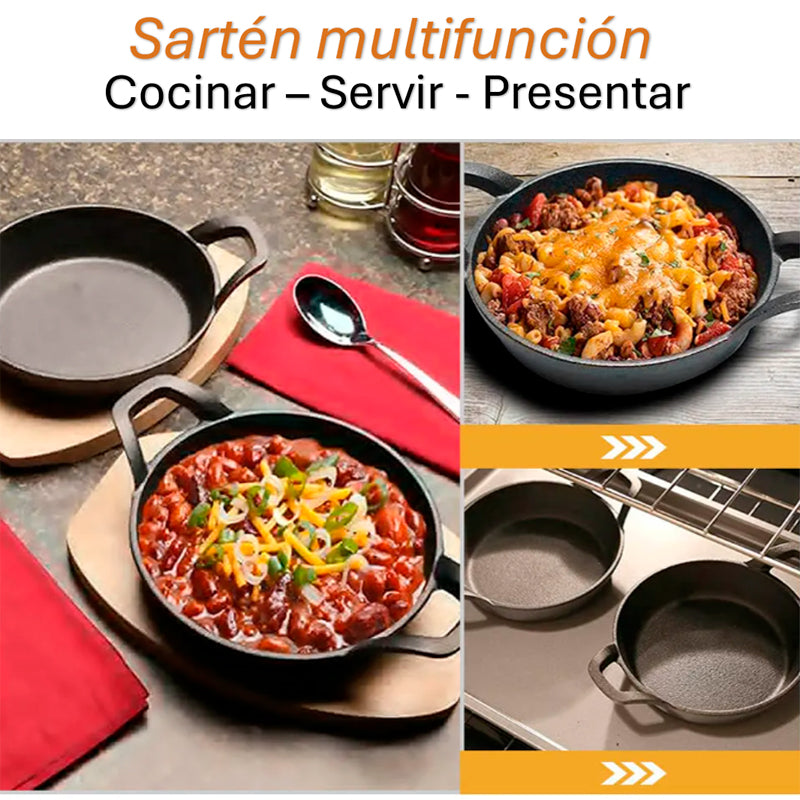 Sarten Hierro Fundido Antiadherente con Asas y Base de Madera