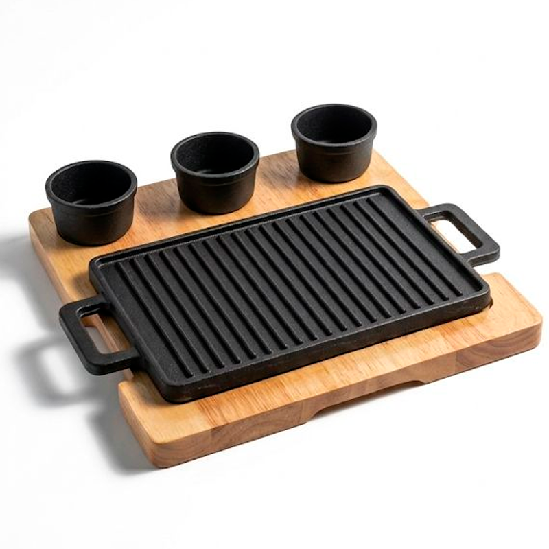Vajilla Hierro Fundido Antiadherente y Base de Madera para Servir Alimentos