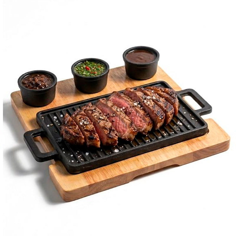 Vajilla Hierro Fundido Antiadherente y Base de Madera para Servir Alimentos