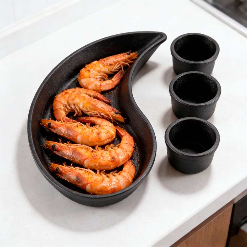 Vajilla Hierro Fundido Antiadherente y Base de Madera para Servir Alimentos