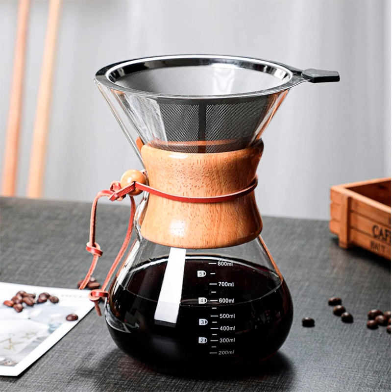 Cafetera de Vidrio Café por Goteo de 800ml con Filtro Reutilizable de Acero Inoxidable
