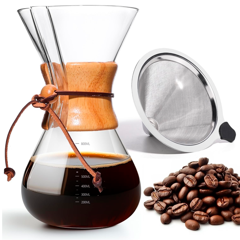Cafetera de Vidrio Café por Goteo de 800ml con Filtro Reutilizable de Acero Inoxidable