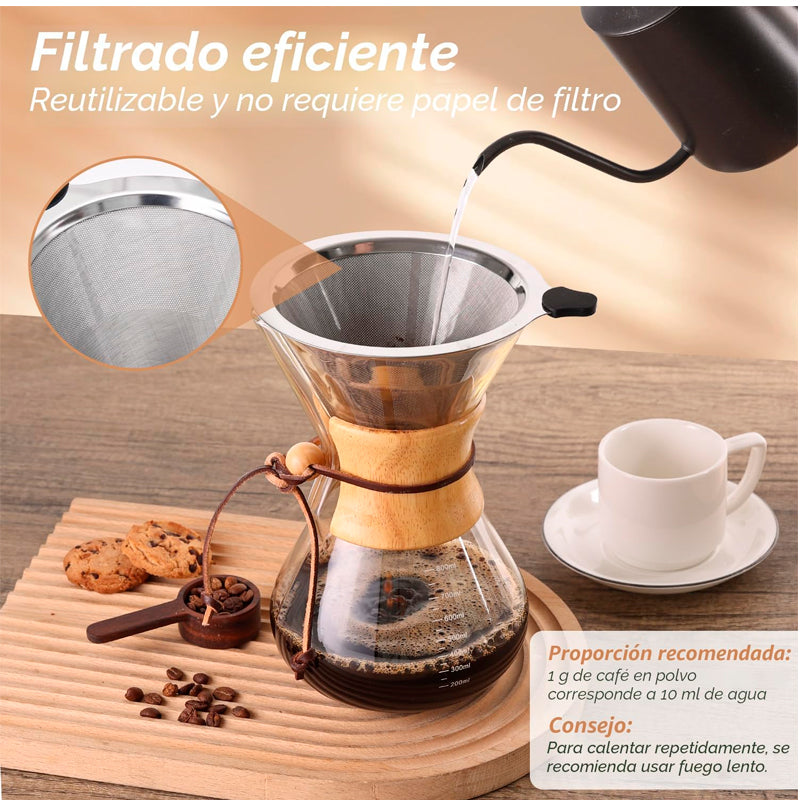 Cafetera de Vidrio Café por Goteo de 800ml con Filtro Reutilizable de Acero Inoxidable
