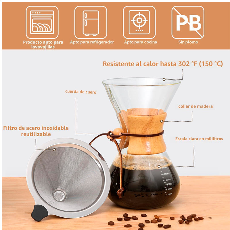 Cafetera de Vidrio Café por Goteo de 800ml con Filtro Reutilizable de Acero Inoxidable