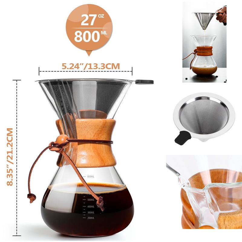 Cafetera de Vidrio Café por Goteo de 800ml con Filtro Reutilizable de Acero Inoxidable
