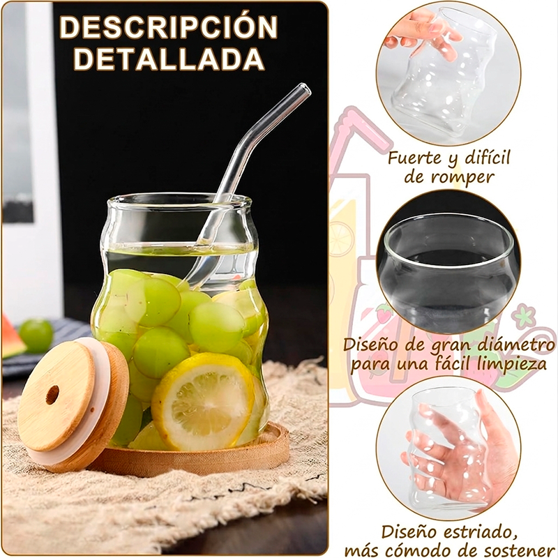 Vaso de Vidrio Ondulado con Tapa de Bambú y Bombilla 400ml