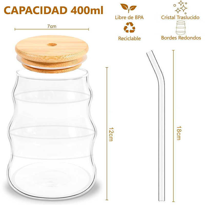 Vaso de Vidrio Ondulado con Tapa de Bambú y Bombilla 400ml