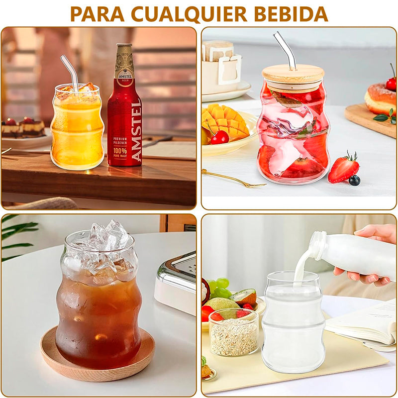 Vaso de Vidrio Ondulado con Tapa de Bambú y Bombilla 400ml