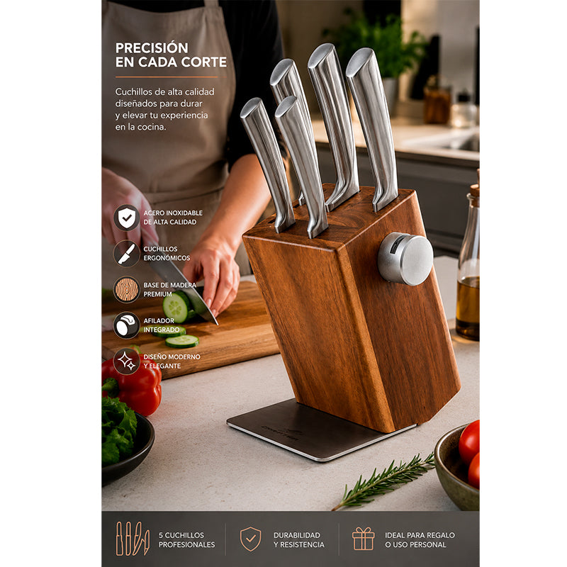 Set De Cuchillos Cocina Acero Inoxidable 5 Piezas + Base