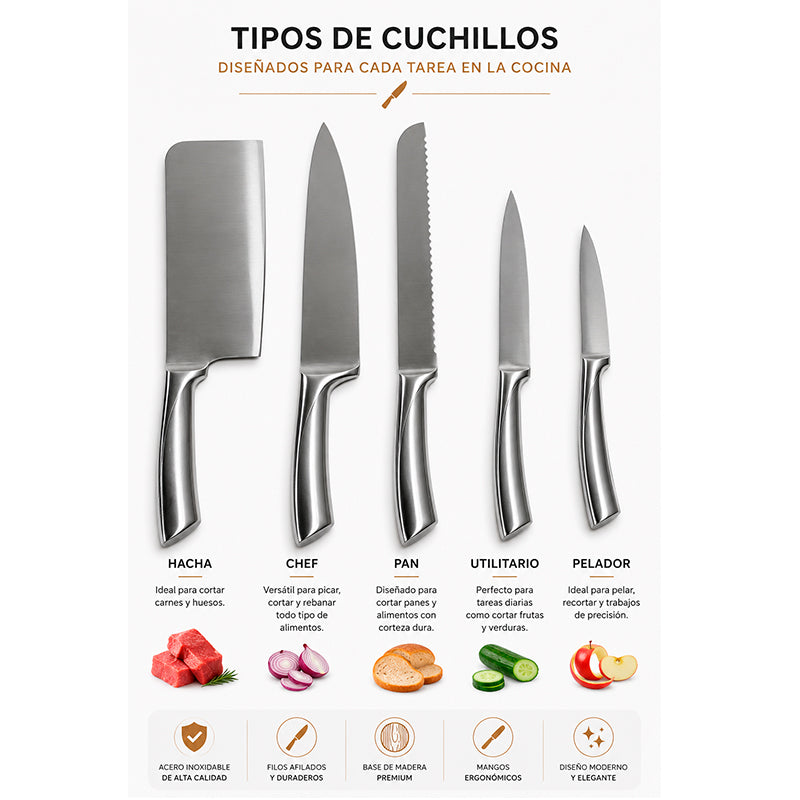 Set De Cuchillos Cocina Acero Inoxidable 5 Piezas + Base
