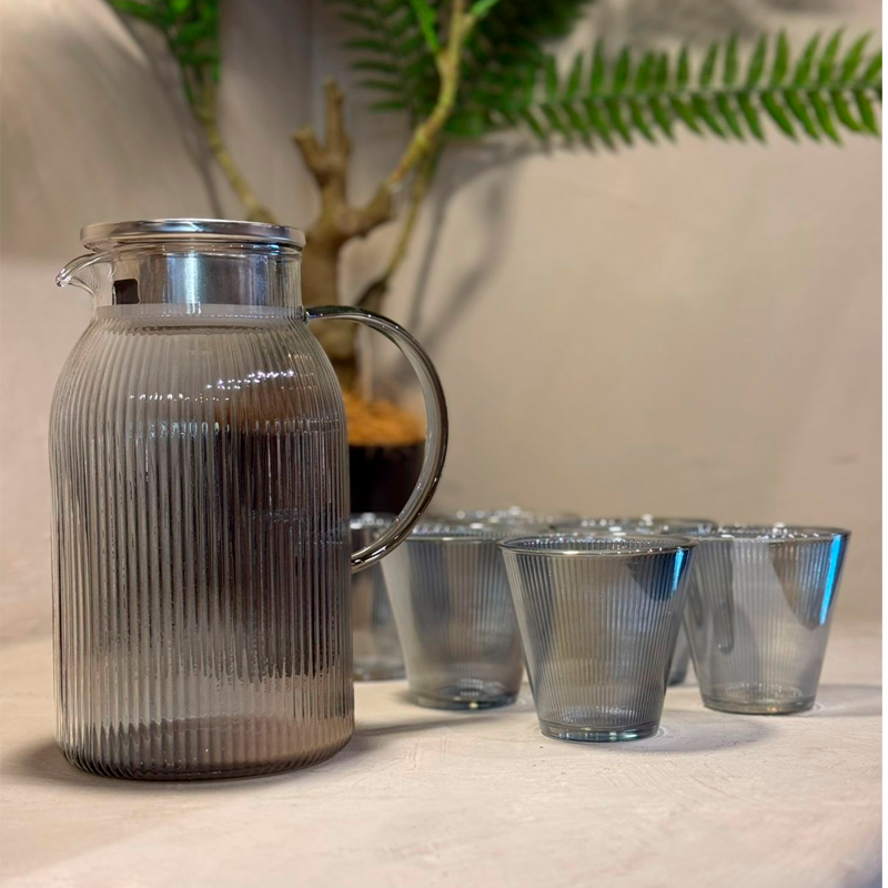 Juego de Jarra De Vidrio Elegante Con Tapa De Acero Inoxidable y 6 vasos