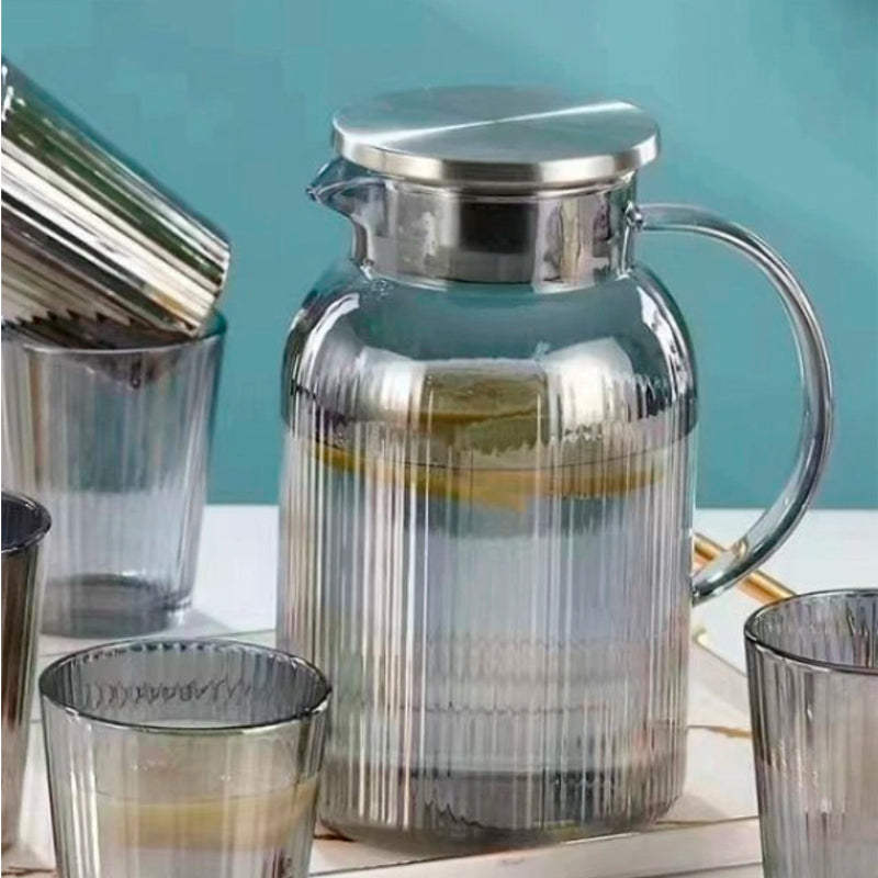 Juego de Jarra De Vidrio Elegante Con Tapa De Acero Inoxidable y 6 vasos