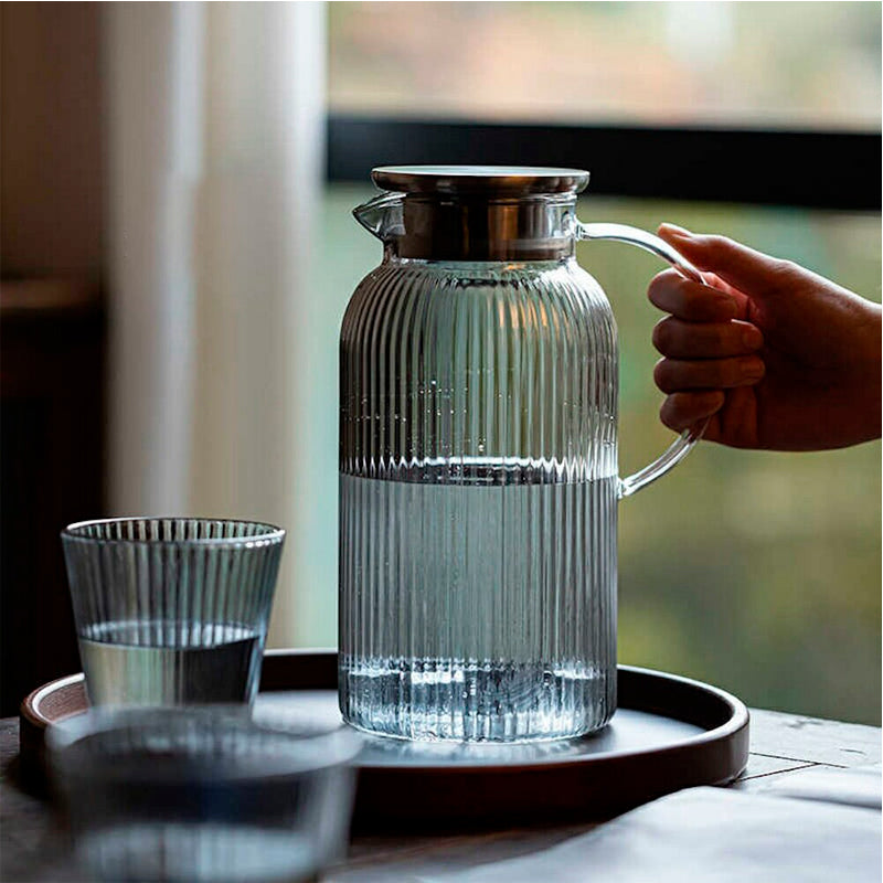 Juego de Jarra De Vidrio Elegante Con Tapa De Acero Inoxidable y 6 vasos