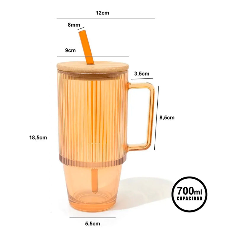 Vaso De Vidrio Stanley Con Tapa Bambu y Bombilla 700ml