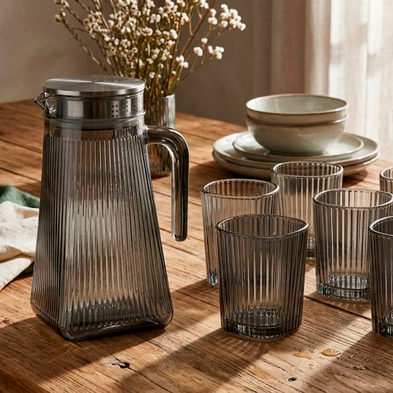 Juego de Jarra De Vidrio Moderna Con Tapa y 6 Vasos Diseño Acanalado