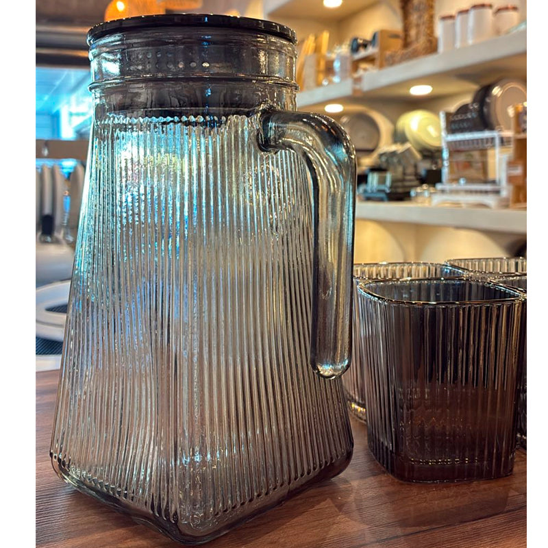 Juego de Jarra De Vidrio Moderna Con Tapa y 6 Vasos Diseño Acanalado