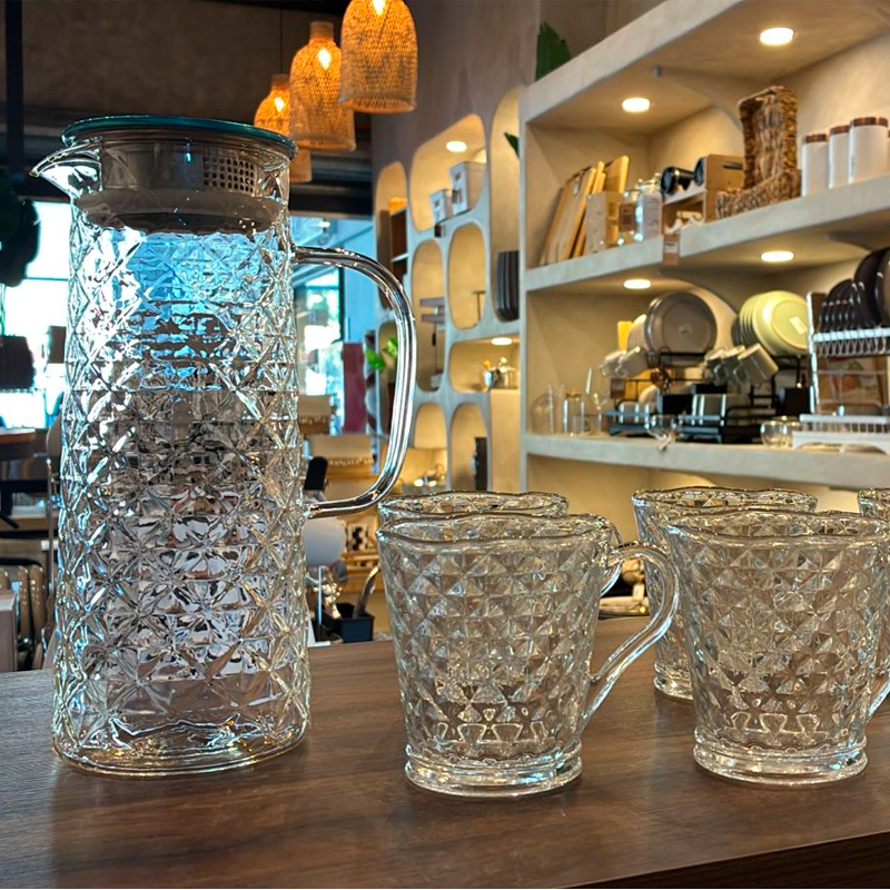 Juego de Jarra De Vidrio Moderna Con Tapa De Acero Inoxidable y 6 Tazas Diseño Relieve