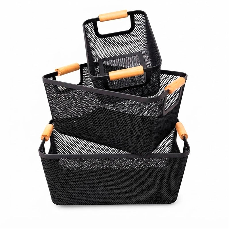Set 3 Canastos Metalicos Con Mango De Madera Para El Hogar