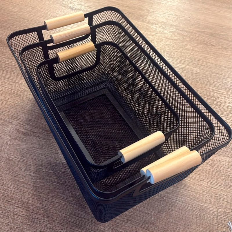 Set 3 Canastos Metalicos Con Mango De Madera Para El Hogar