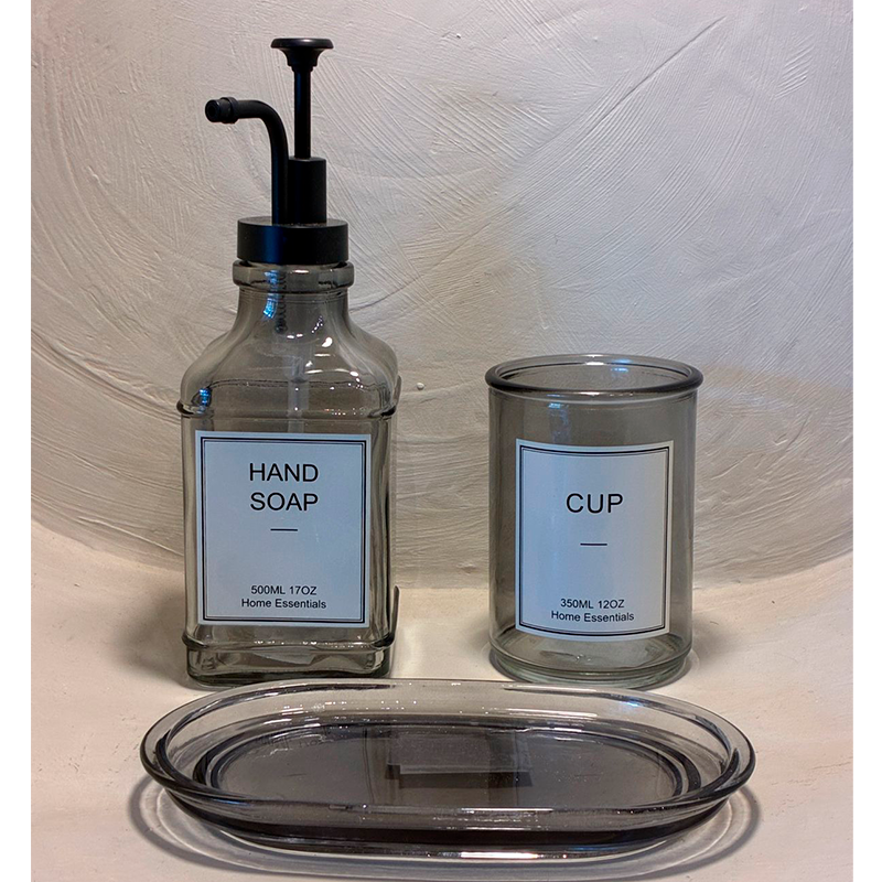 Set Dispensador De Jabón Y Vaso Vidrio Ahumado Para Baño