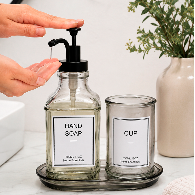 Set Dispensador De Jabón Y Vaso Vidrio Ahumado Para Baño