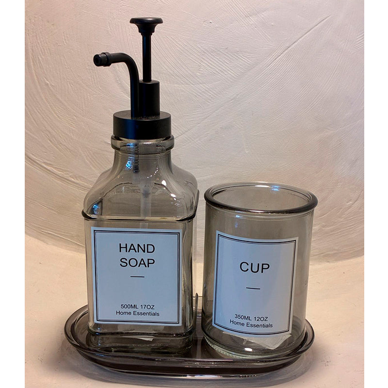 Set Dispensador De Jabón Y Vaso Vidrio Ahumado Para Baño