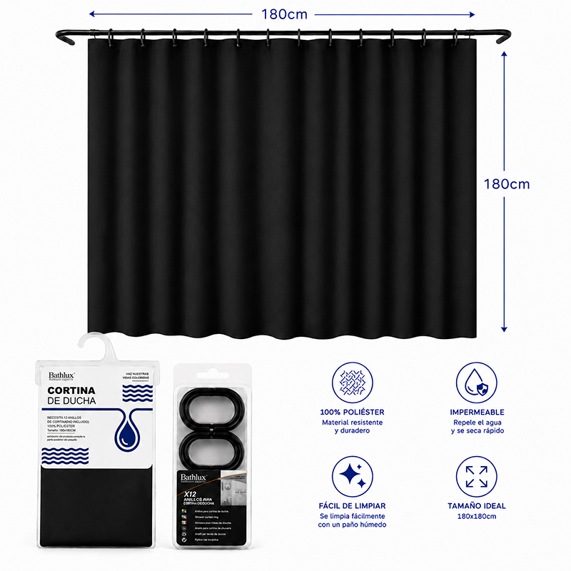 Cortina De Bano De Tela Impermeable 180*180cm + 12 Ganchos