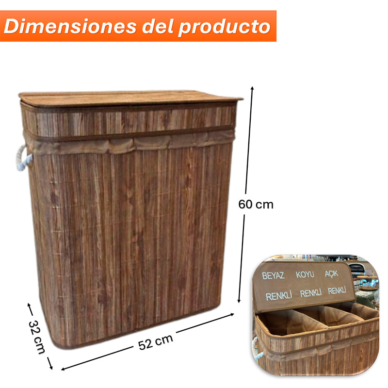 Canasto Ropa Sucia Pleglable Cesto Bambu 3 Divisiones con Tapa