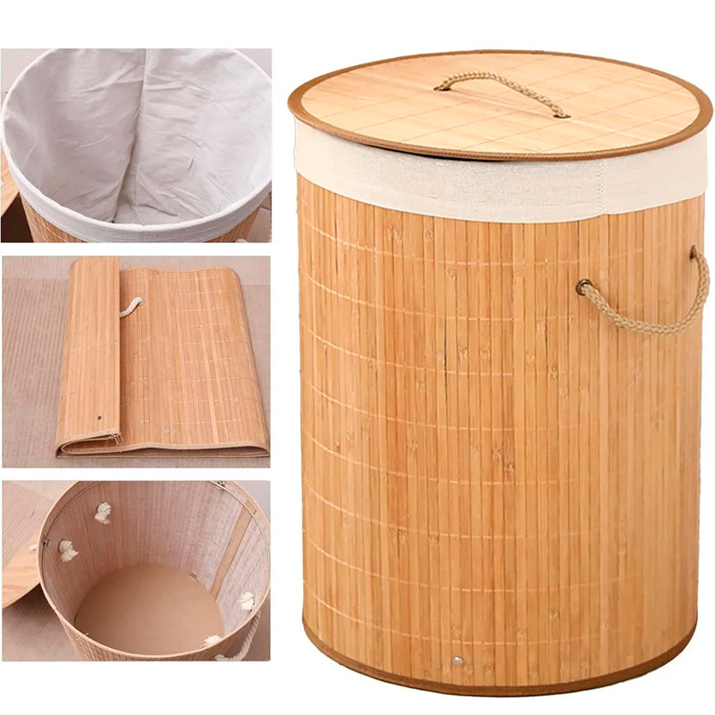 Canasto Cesto Ropa Sucia Pleglable Look Bambu Redondo con Tapa