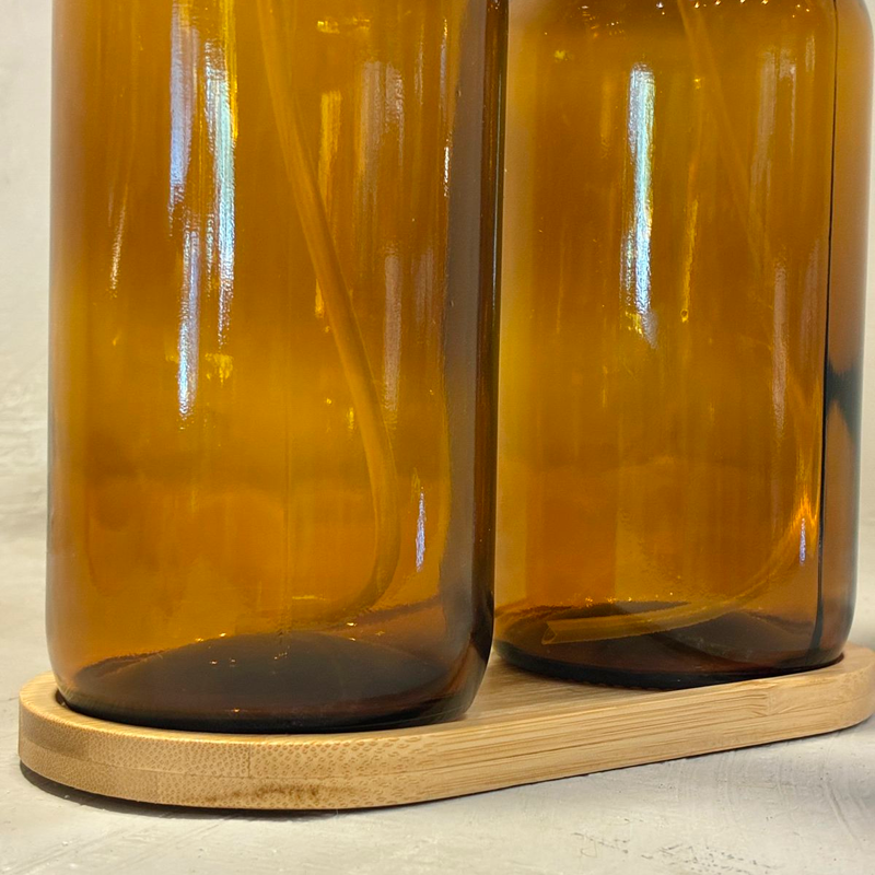 Botellas de Spray de Vidrio Ambar 500ml Paquete 2 Botellas Recargables con Base de Madera