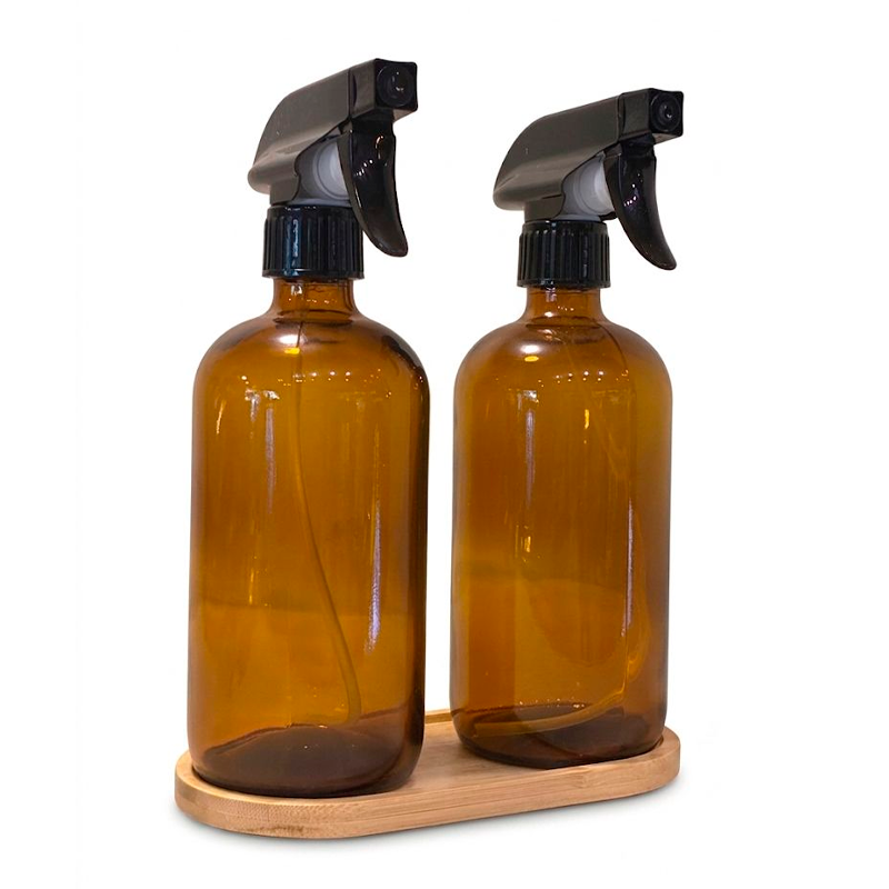 Botellas de Spray de Vidrio Ambar 500ml Paquete 2 Botellas Recargables con Base de Madera