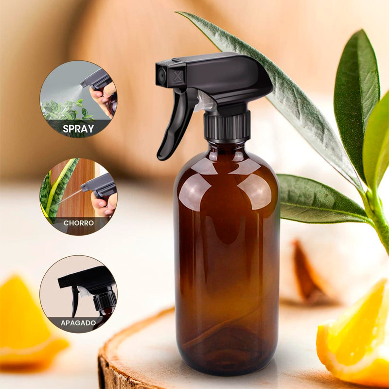 Botellas de Spray de Vidrio Ambar 500ml Paquete 2 Botellas Recargables con Base de Madera