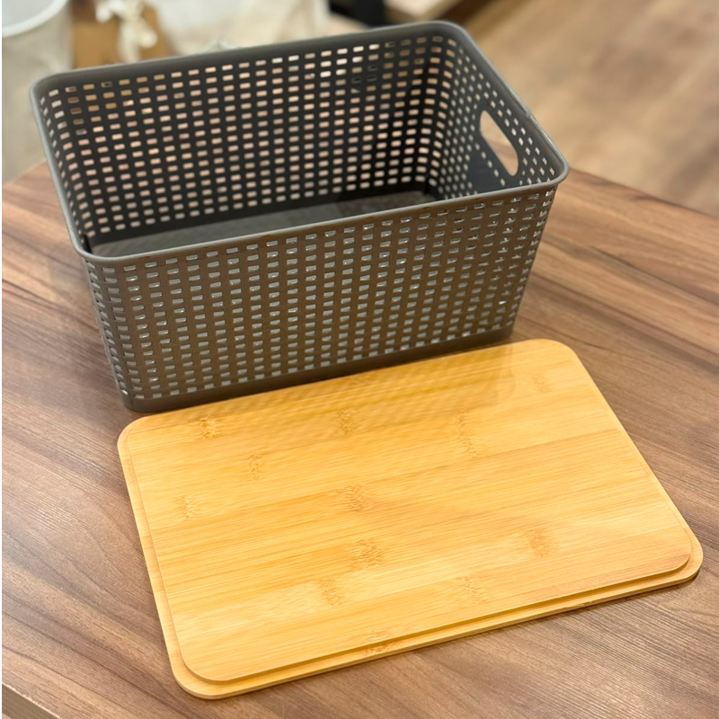 Pack Caja Organizadora Ratán 10Lt Color Gris con tapa de bambú Canasto de baño Cocina