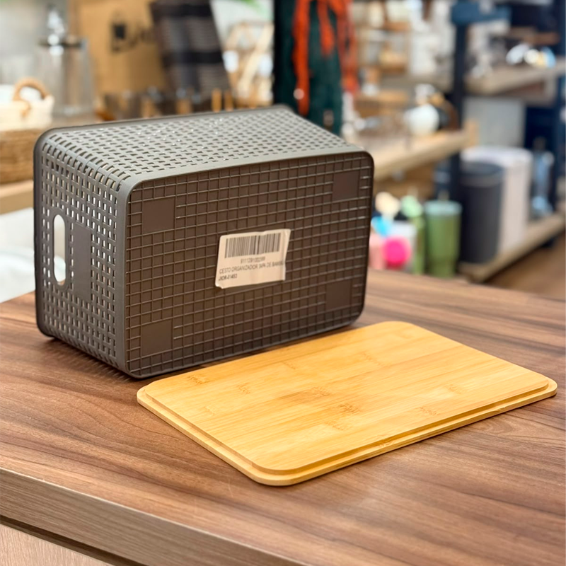 Pack Caja Organizadora Ratán 10Lt Color Gris con tapa de bambú Canasto de baño Cocina