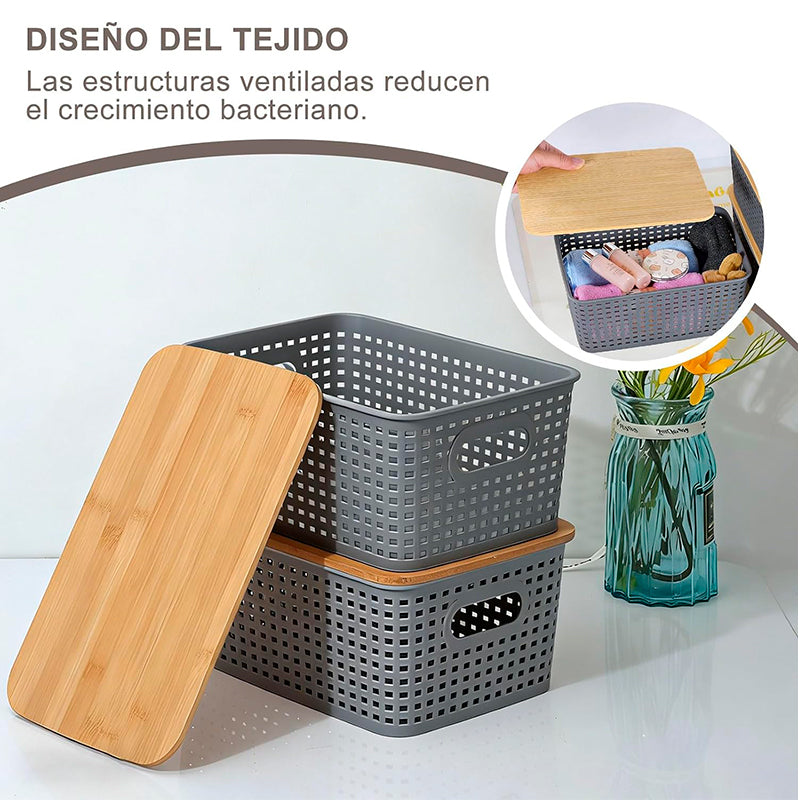 Pack Caja Organizadora Ratán 10Lt Color Gris con tapa de bambú Canasto de baño Cocina