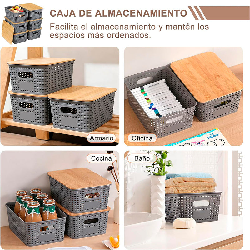 Pack Caja Organizadora Ratán 10Lt Color Gris con tapa de bambú Canasto de baño Cocina