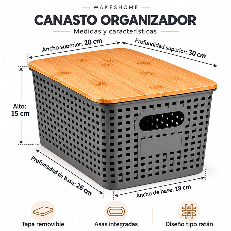 Pack Caja Organizadora Ratán 10Lt Color Gris con tapa de bambú Canasto de baño Cocina