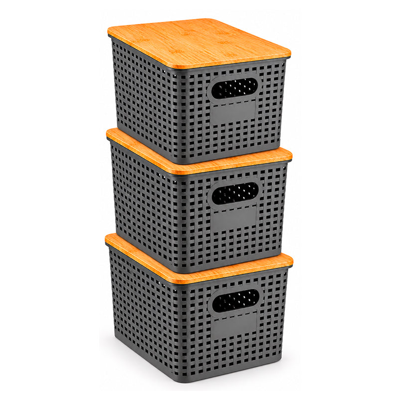 Pack Caja Organizadora Ratán 10Lt Color Gris con tapa de bambú Canasto de baño Cocina
